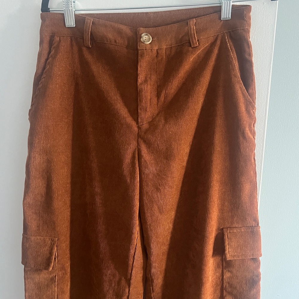 Wide Leg Corduroy Cargo Pants - Rust Brown